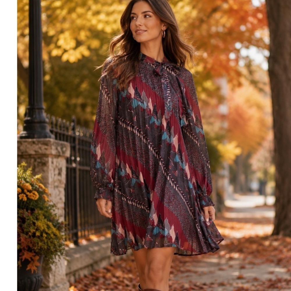 New MOLLY BRACKEN Dress Sz XS Shift Long Sleeve Multi Color